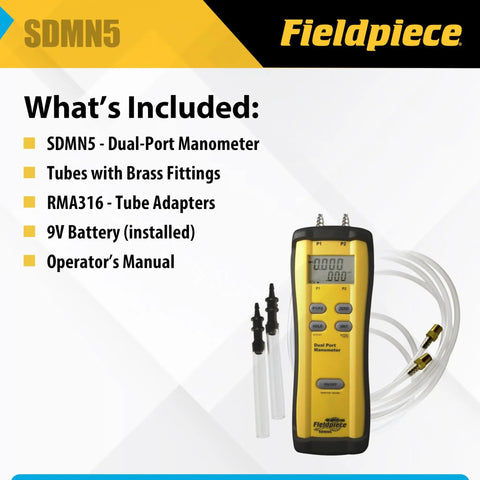 Dual-Port HVAC Manometer Pro-Grade Workhorse Duct Pressure Tester With Brass Tubes And Fittings, includes adapters and battery