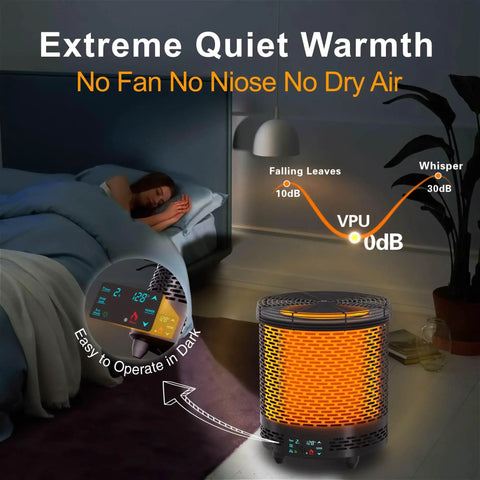 Voice Controlled 360 Degree Space Heater With 1500W Fast Heat in a bedroom, highlighting silent operation and easy controls.