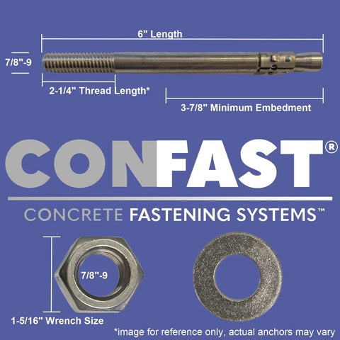 Bang For Buck 7/8 X 6 Inch Stainless Steel Wedge Anchors Designed For Concrete And Masonry showing sizes and components, nut and washer included.