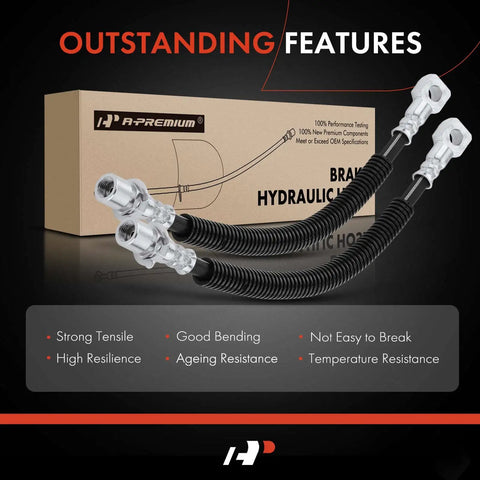 Front Brake Hydraulic Hose Kit For Chevy S10 2000-2003, GMC Sonoma 2000-2003, Isuzu Hombre 2000 Front Left And Right Driver And Passenger Sides, RWD Replace 8151586520 Pack Of 2 displayed with packaging and features listed.