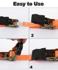 Steps to use Beefed Up 20 Ft Ratchet Tie Down Straps 6 Pack 1700 Lb Break Strength With Safety Lock S Hooks for securing cargo.