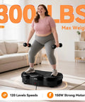 Woman using Full Body Vibration Plate Shake Platform For Home Gym Fat Burn And Toning 300 Lbs Capacity 120 Speeds 9 Workout Modes