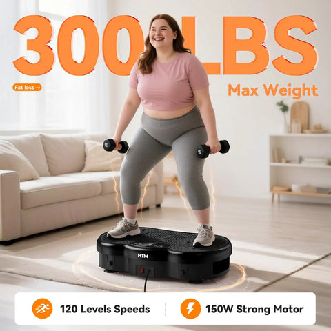Woman using Full Body Vibration Plate Shake Platform For Home Gym Fat Burn And Toning 300 Lbs Capacity 120 Speeds 9 Workout Modes