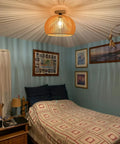 Bedroom with Semi Flush Mount Ceiling Light Fixture With Woven Rattan Cage Shade Cozy Rustic Farmhouse Vibe Handmade Wood Panels