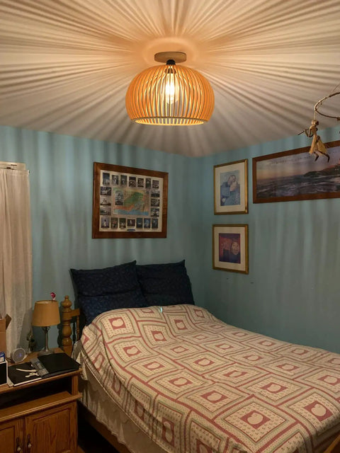 Bedroom with Semi Flush Mount Ceiling Light Fixture With Woven Rattan Cage Shade Cozy Rustic Farmhouse Vibe Handmade Wood Panels