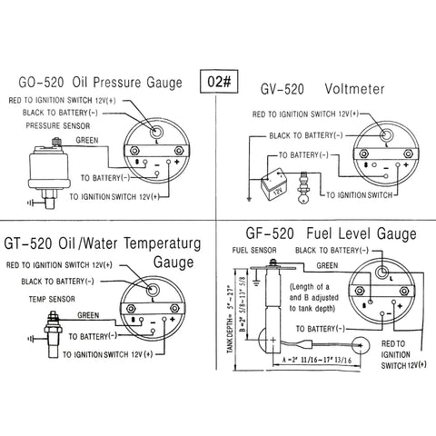 Automotive four-gauge kit schematic: 52mm voltmeter, oil pressure, oil/water temp, fuel level on black console.