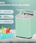 Hella Fast Portable Ice Maker With Built In Handle Makes Twenty Six Pounds Fresh Ice Daily showing mint green unit with ice.