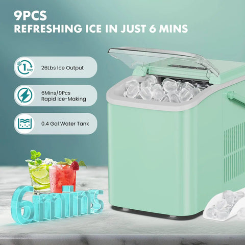 Hella Fast Portable Ice Maker With Built In Handle Makes Twenty Six Pounds Fresh Ice Daily showing mint green unit with ice.