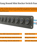 8 Gang Round Rocker Switch Panel With LED Indicator For 12V To 24V DC Aluminum Waterproof Panel Box with blue LED lights.