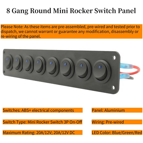 8 Gang Round Rocker Switch Panel With LED Indicator For 12V To 24V DC Aluminum Waterproof Panel Box with blue LED lights.