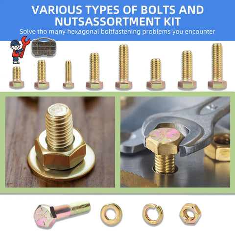 Heavy Duty Grade 8 Bolt And Nut Assortment Kit With Washers And Standard Fasteners For Auto Repair and Professional Mechanic Shops displayed with hex nuts and bolts.