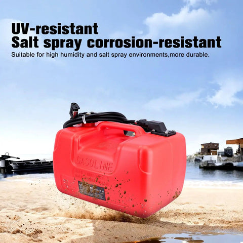 Three Gallon Portable Boat Gas Tank 12L Marine Gas Tank With Marine Fuel Line Connector Hose on beach, corrosion-resistant