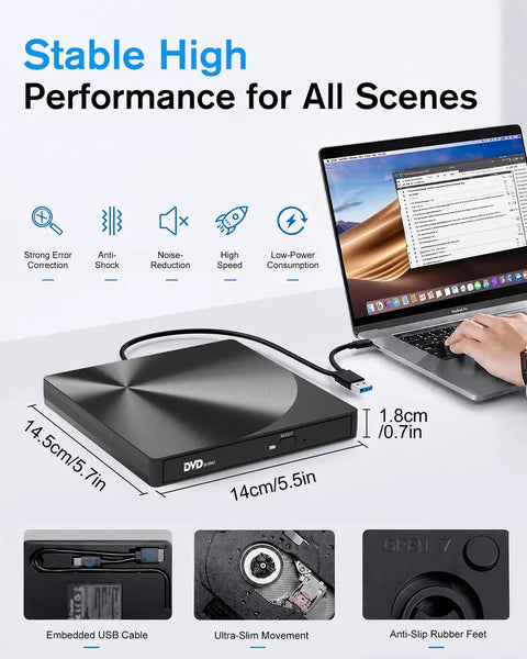 External CD DVD Drive With USB 3.0 And Type-C Plug And Play Portable Burner For Laptops And Macs No Extra Power Needed Ultra Slim Travel Ready Optical Drive, 14cm black USB-C model