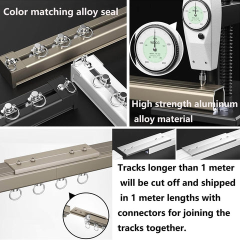 Heavy Duty Curtain Track System With Double Ceiling And Wall Mount Quiet Rollers For Room Divider And Sliding Doors In Champagne Finish Ideal For Living Room Bedroom And Closet 4.7 Meter Length Or 15.4 Feet, featuring close-up of aluminum track, rollers, and connectors