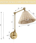 Rattan Wrapped Wall Sconce With Adjustable Swing Arm And Foldable Vintage Bedside Light Gold Finish With Wicker Shade Plug In Or Hardwire Brass Reading Lamp For Living Room Or Bedroom, showing dimensions.
