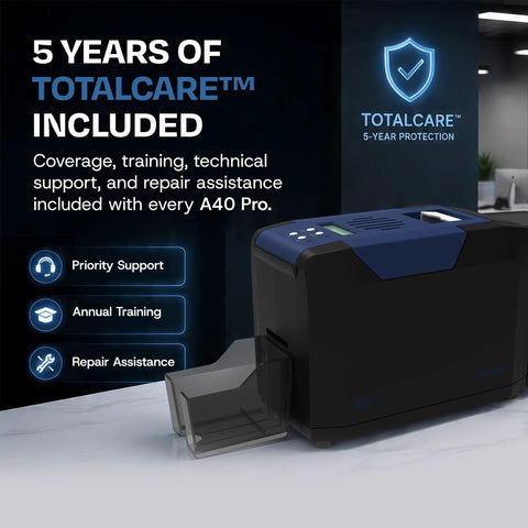 Slick Dual Sided ID Card Printer Delivers Straight Photo Quality Prints At 300 By 600 DPI with TotalCare protection features.