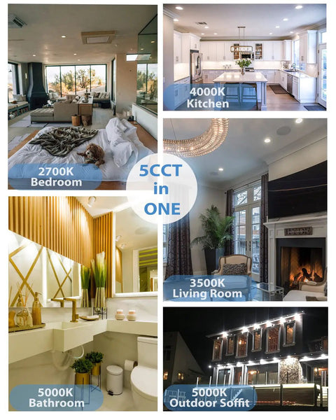 Dimmable 6 Inch LED Recessed Lights Canless Flat Ceiling Panels in various settings showing adjustable 5CCT feature