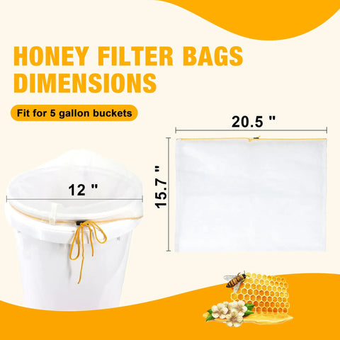 Six Pack Ultra Fine Honey Filter Bags With Food Grade Nylon Mesh Adjustable Drawstring Strainers dimensions and fit details