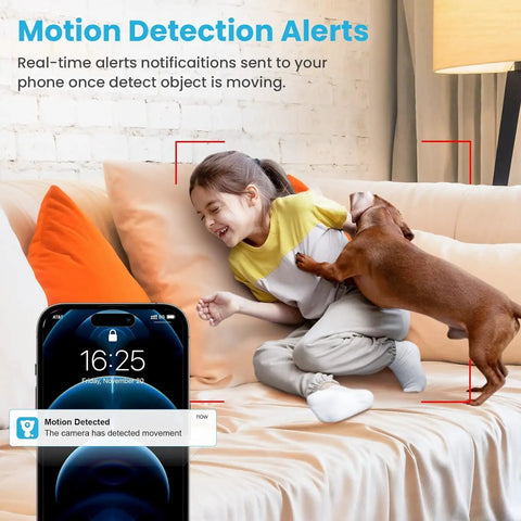 Child playing with dog, motion detection alert on phone for 2K Indoor Security Camera With 360 Degree Pan Tilt Motion Alerts Pet Camera Baby Monitor Phone App Control Night Vision 2 4 GHz WiFi Only For Home Security
