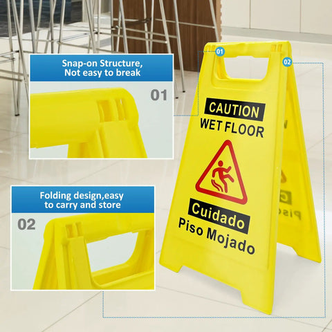 Two Pack Wet Floor Sign 17.5 Inch Tall Bright Yellow Double Sided A Frame Caution Sign with Bilingual Message