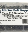 Type 316 stainless steel Phillips-drive oval-head sheet metal screw assortment kit in plastic case (sizes #6,#8,#10)