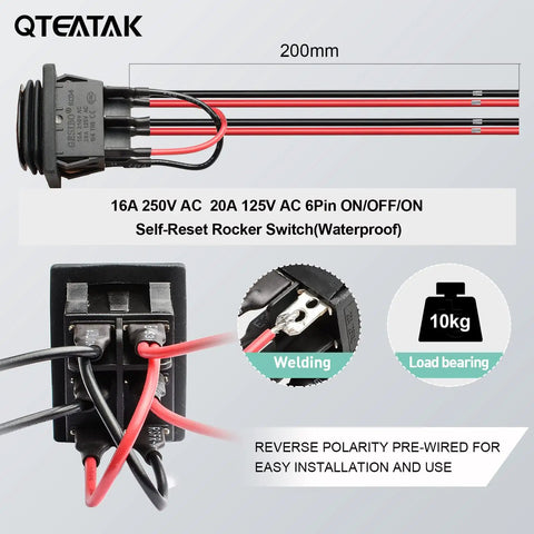 Waterproof Reverse Polarity Momentary DC 12V Six Pin Three Position On Off On Rocker Switch with Wire, marine-grade, 200mm length