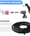 Plasma Cutter Torch Consumables Kit.040 Inch Tips For SG-55 And WSD-60 Cutters, showing disassembled components and compatibility list.
