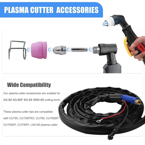 Plasma Cutter Torch Consumables Kit.040 Inch Tips For SG-55 And WSD-60 Cutters, showing disassembled components and compatibility list.
