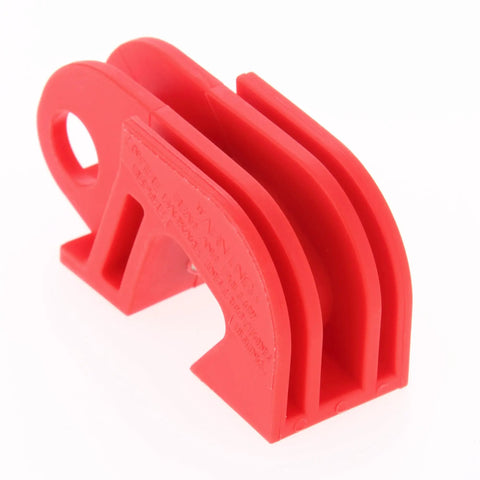 Red Nylon Universal Circuit Breaker Lockout for Safe Lockout and Quick Off, angled view showing grooves for handle fit
