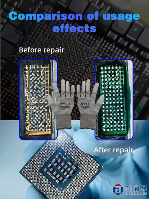 Comparison image of PCB before and after using Green Oil UV Stencil Set For iPhone 16 Pro Max Down To iPhone 8 Universal Solder Mask Repair Kit
