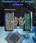 Comparison of iPhone PCB before and after repair using Screen IC Pad Green Oil UV Stencil Set For IPhone 11 To 16 Pro Max.