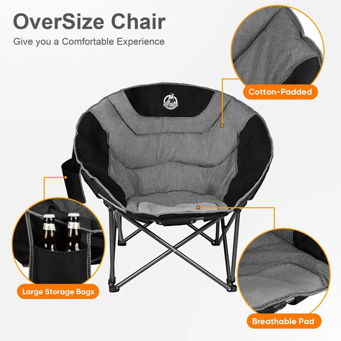 Oversized Moon Chair For Camping And Outdoors Folding Padded Saucer With Side Pocket 500 Lb Capacity Heavy Duty Steel Frame Easy Set Up