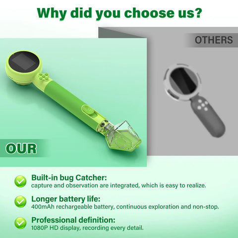 2 In 1 Digital Microscope Kit With Bug Catcher For Kids Portable Handheld 1080P HD Microscope, green handheld model with clear bug catcher