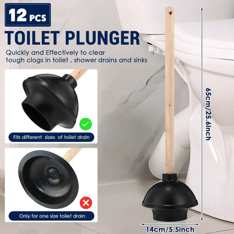 Heavy Duty Rubber Toilet Plunger 12 Pack with Long Wooden Handle and Smooth Suction Cups for Stubborn Clogs in Bathrooms
