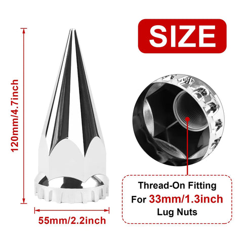33mm Chrome Spike Lug Nut Covers Thread-On For Semi Trucks 4.75 Inch High ABS Plastic Caps Pointed Screw-On