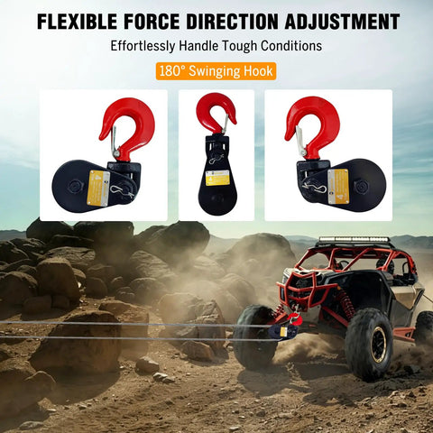 Heavy Duty Beefed Up 2 Ton Snatch Block With Hook For Three Eighth Inch Wire Rope 3 Inch Sheave 4400 Lbs Working Load Snatch Block Pulley For Car Hauler Rollback Wrecker Tow Truck Winch Accessories Two Pack red hook snatch block on off-road winch line