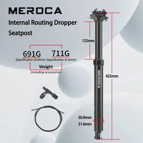 Image of a Meroca Dropper Seat Post for Mountain Bike with 125mm travel, 30.9/31.6mm aluminum body, remote lever and cable kit.