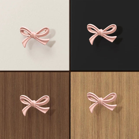 Eight Pack Pink Bow Dresser Knobs For Cabinets And Drawers Cute Vibe For Girls Bedroom And Nursery Decor Includes Two Size Options And Screws And Washers shown in different wood textures