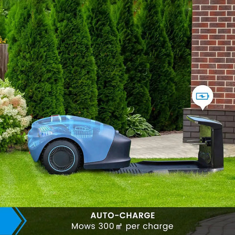 Smart Robot Lawn Mower For A Quarter Acre With App Control And Auto Charging, No Fuss Adjustable Cutting Height From Twenty To Fifty Five Millimeters, Handles Thirty Three Percent Slopes, Precise Path Planning, Parallel Track Mowing, auto-charging on lawn