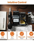2-In-1 Soldering Iron And Hot Air Rework Station For Electronics DIY with LCD and dual controls on desk with tools