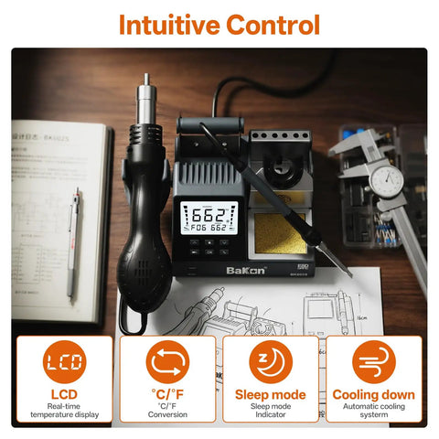 2-In-1 Soldering Iron And Hot Air Rework Station For Electronics DIY with LCD and dual controls on desk with tools