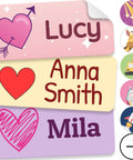 Personalized Name Labels For Kids Featuring Waterproof Custom Stickers, colorful designs with names and hearts.