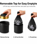Mini Desktop Trash Can With Swing Lid Sleek Black And Brushed Gold Rim 1.5 Liter Capacity compact size, waste removal steps