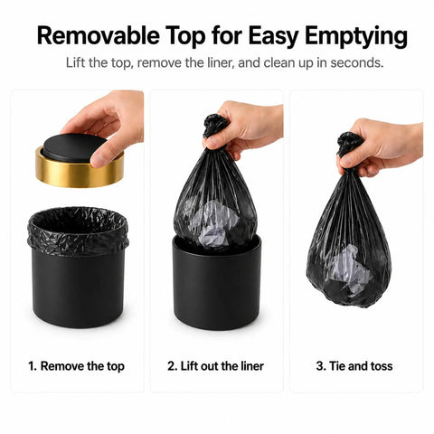 Mini Desktop Trash Can With Swing Lid Sleek Black And Brushed Gold Rim 1.5 Liter Capacity compact size, waste removal steps