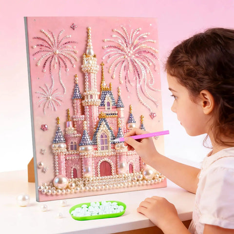 Child enjoying Dope 3D Castle Beaded Art Kit With Pearl Painting, Plastic Pearl Craft, creating wall decor, pink and blue castle design.