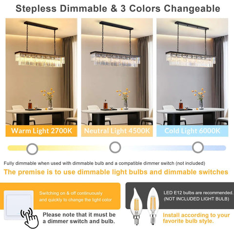Rectangular Crystal Chandelier Black Modern Luxury lighting with dimmable and color changeable features for elegant homes