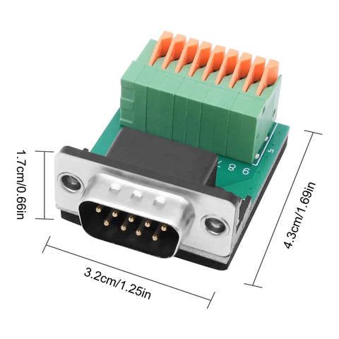 DB9 Solderless RS232 To 9-Pin Port Spring Terminal Breakout Adapter, tool-free quick wire crimp connector with gold-plated contacts.