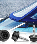 Marine Canvas Snaps Kit Stainless Steel 304 With 3 Eighth Inch Socket Screws Black Finish Built To Last 100 Pcs Includes Handy Storage Box For Boat Covers And Fabric Repairs, shown with screws and boat cover installation.