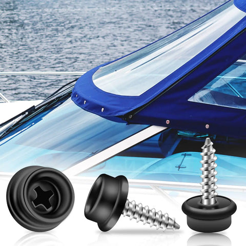 Marine Canvas Snaps Kit Stainless Steel 304 With 3 Eighth Inch Socket Screws Black Finish Built To Last 100 Pcs Includes Handy Storage Box For Boat Covers And Fabric Repairs, shown with screws and boat cover installation.