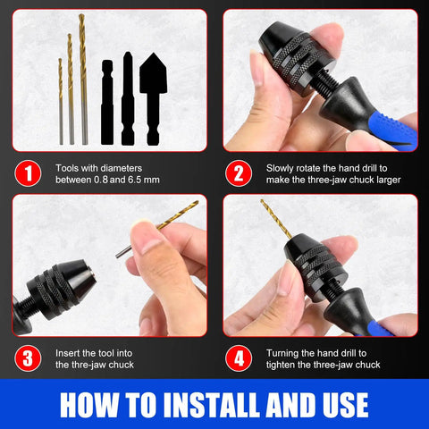 Installation guide for Adjustable Pin Vise Hand Drill Kit With 13 Pcs HSS Drill Bits 0.8mm To 6.5mm showing step-by-step use.